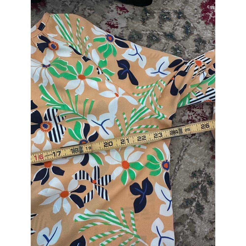 CAbi #6296 Island Tropical Floral Smocked Sleeve Split Neck Blouse Top Size L - Picture 5 of 7